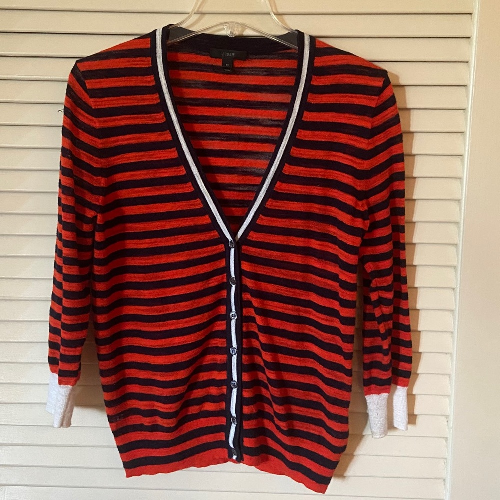 J. Crew orange, navy, and white striped cardigan